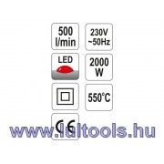 Elektromos hőlégfúvó LED jelzős + tartozékok 550 °C 2000 W Yato